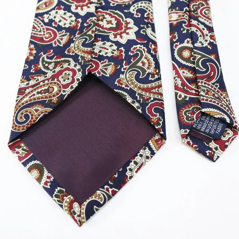 Lands End Tie Mens 58 in Blue Burgundy Cream Paisley Silk Handsewn Lined Wide
